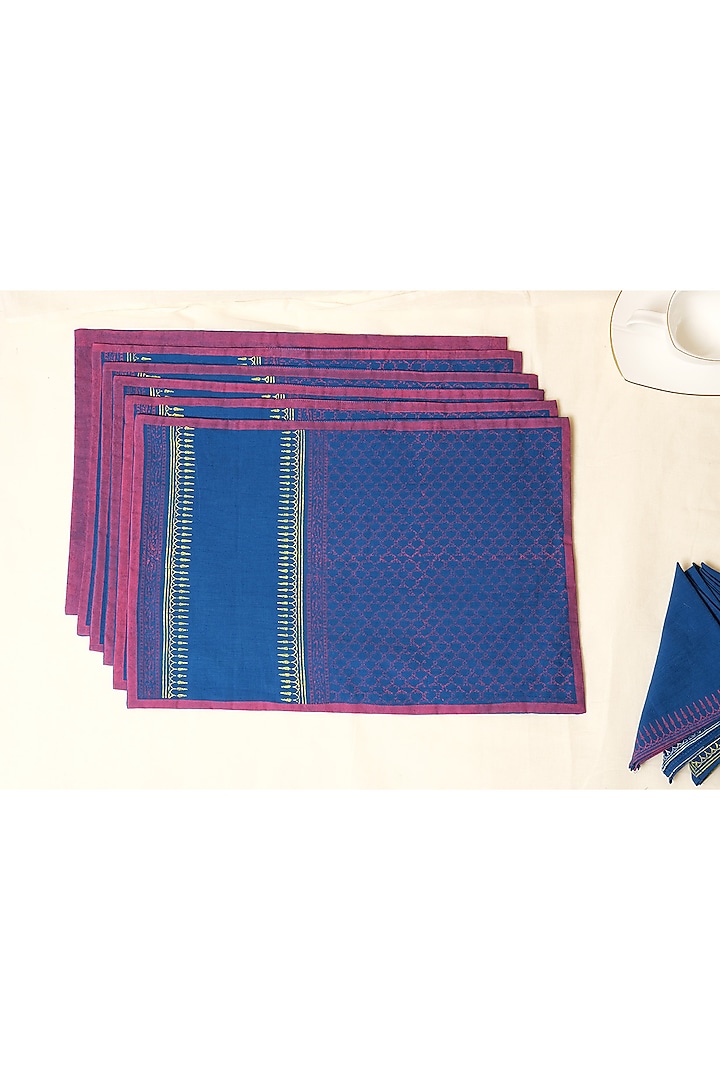 Blue Cotton Jaal Hand Block Printed Square Table Mat (Set of 12) by Inheritance India