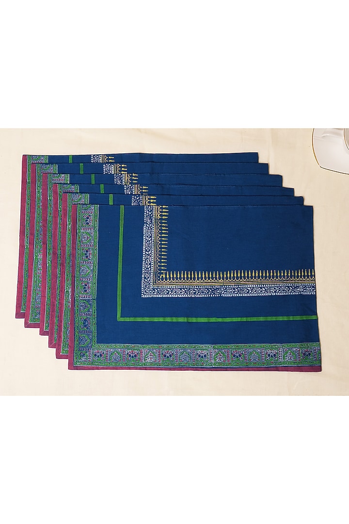 Blue Cotton Hand Block Printed Square Table Mat (Set of 2) by Inheritance India at Pernia's Pop Up Shop