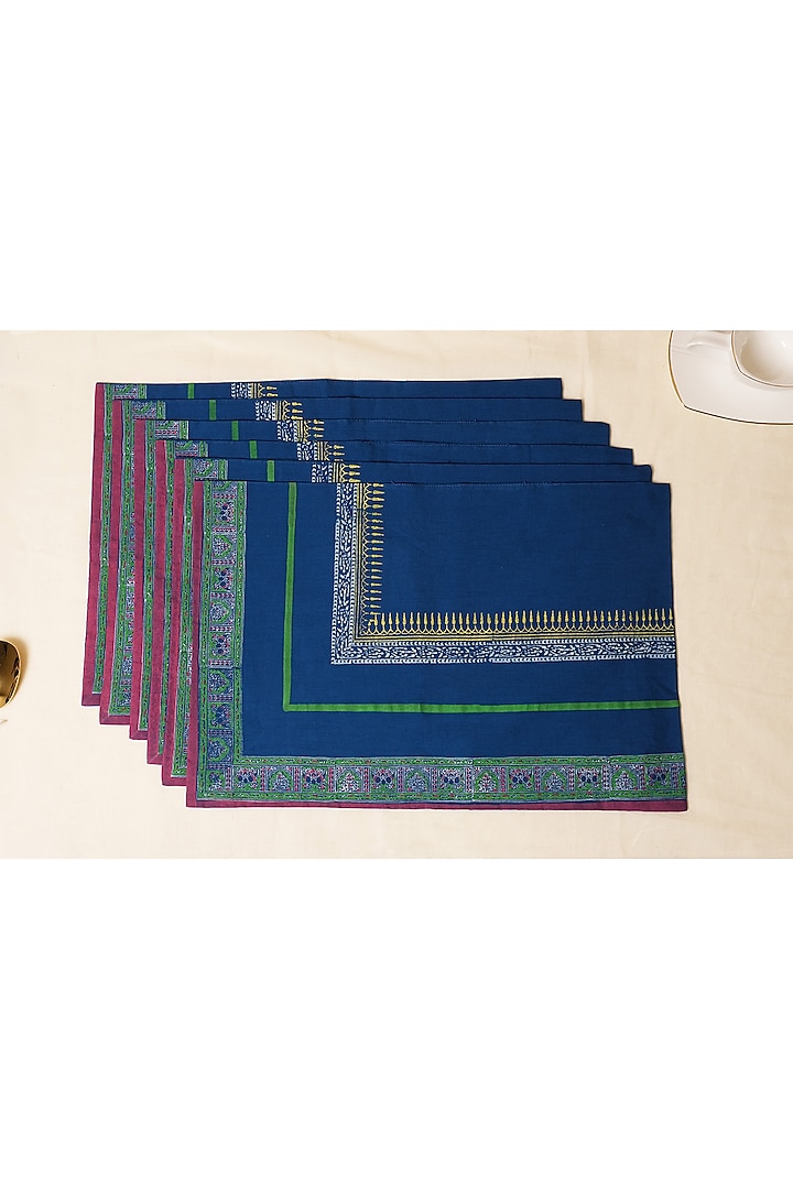 Blue Cotton Hand Block Printed Square Table Mat (Set of 6) by Inheritance India