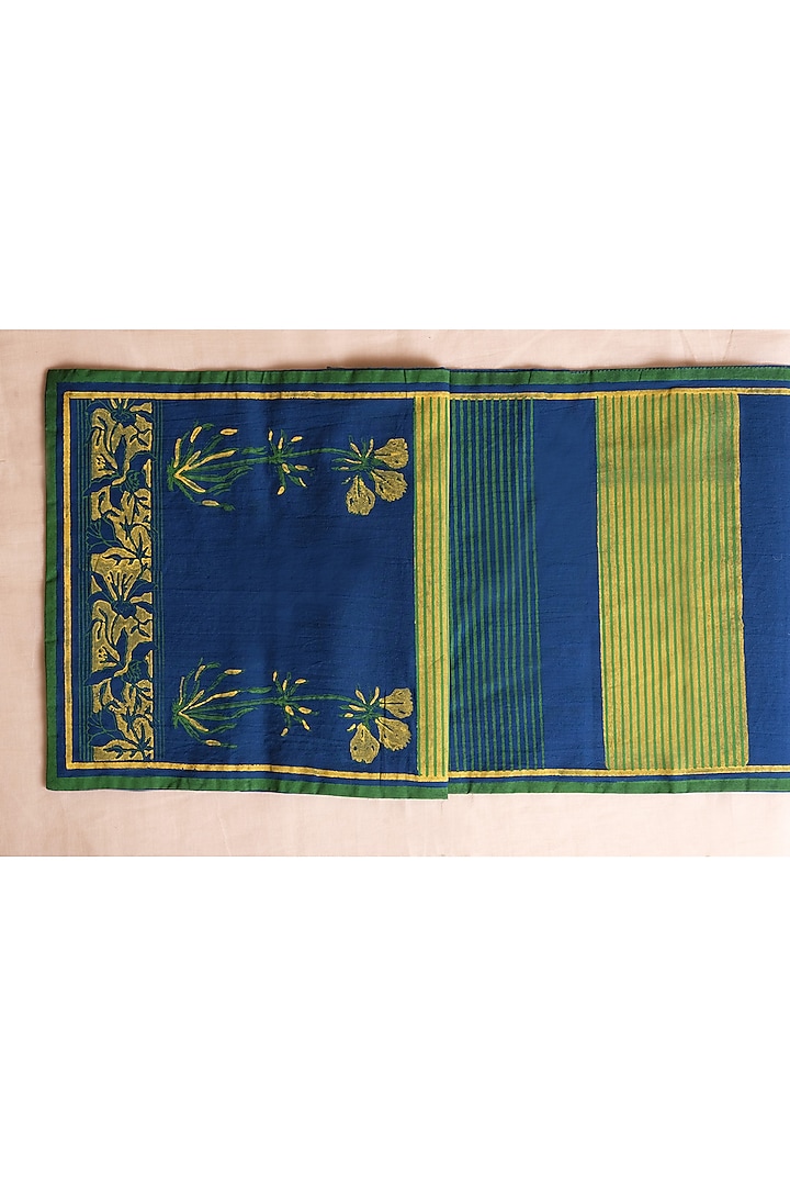 Blue Cotton Diagnol Hand Block Printed Table Runner by Inheritance India
