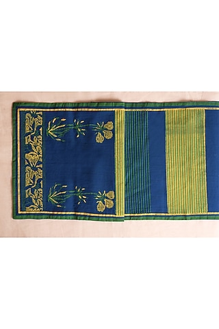 Blue Cotton Diagnol Hand Block Printed Table Runner by Inheritance India