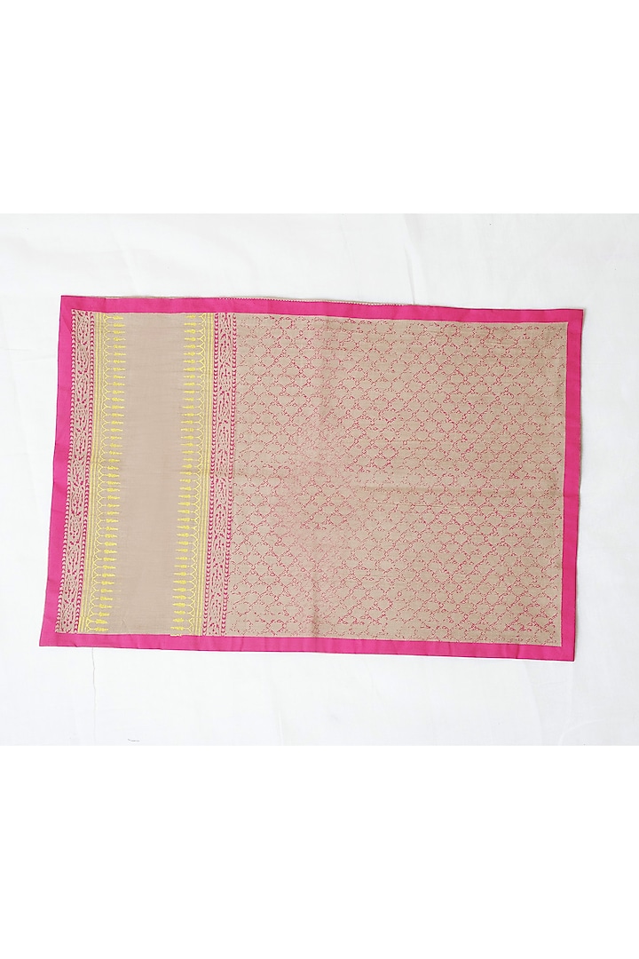 Beige Cotton Hand Block Printed Square Table Mat (Set of 12) by Inheritance India