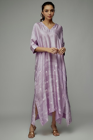 Purple Pure Mulberry Silk Handspun Hand Printed Kimono Dress by INKPIKLE