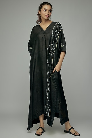 Black Pure Mulberry Silk Handspun Screen Printed Kimono Dress by INKPIKLE