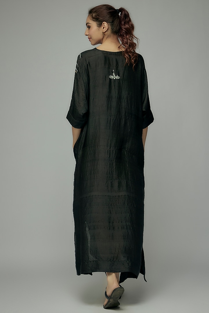 Black Pure Mulberry Silk Handspun Screen Printed Kimono Summer Dress by INKPIKLE at Pernia's Pop Up Shop