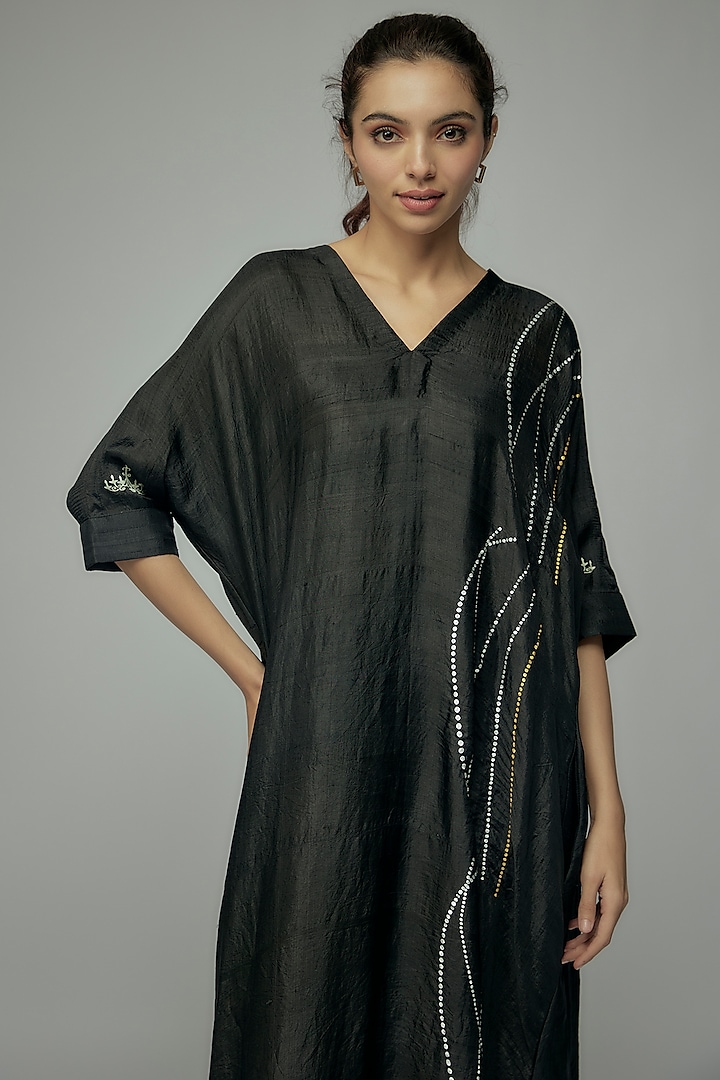 Black Pure Mulberry Silk Handspun Screen Printed Kimono Summer Dress by INKPIKLE at Pernia's Pop Up Shop