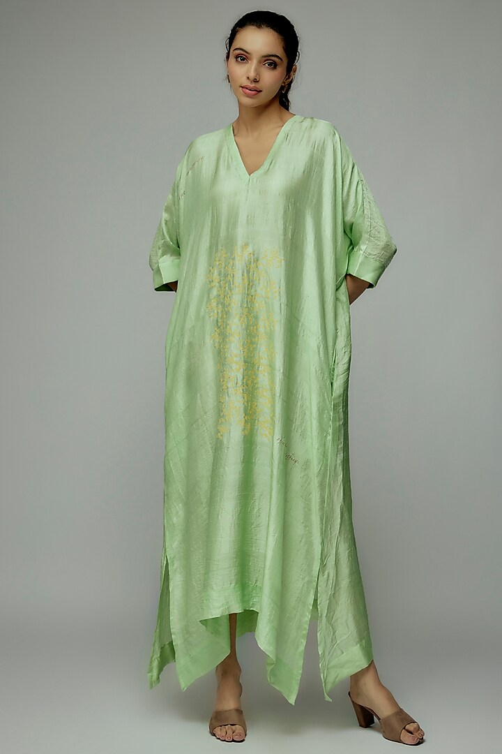 Green Pure Mulberry Silk Handspun Screen Printed Kimono Dress by INKPIKLE