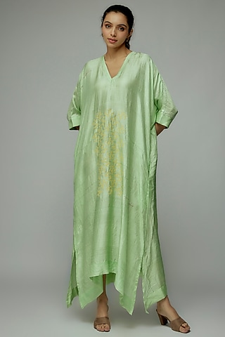 Green Pure Mulberry Silk Handspun Screen Printed Kimono Dress by INKPIKLE