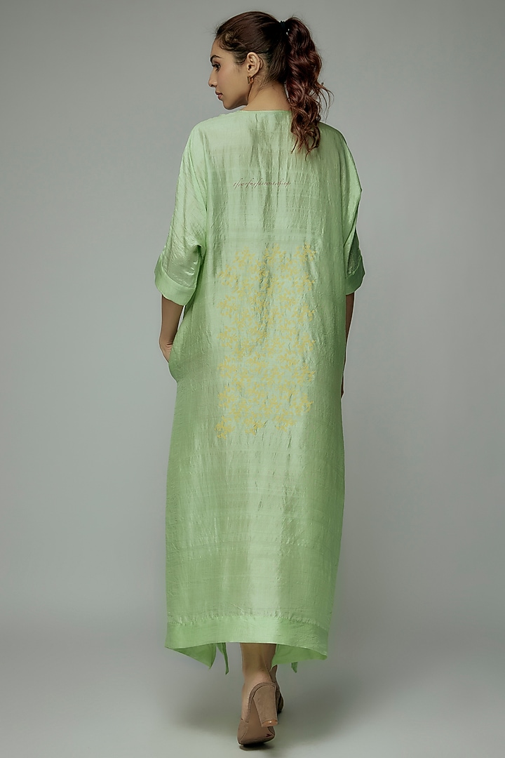 Green Pure Mulberry Silk Handspun Screen Printed Kimono Summer Dress by INKPIKLE at Pernia's Pop Up Shop