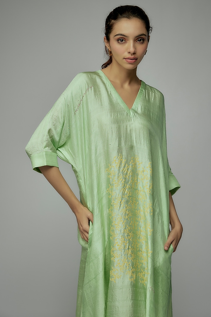 Green Pure Mulberry Silk Handspun Screen Printed Kimono Summer Dress by INKPIKLE at Pernia's Pop Up Shop