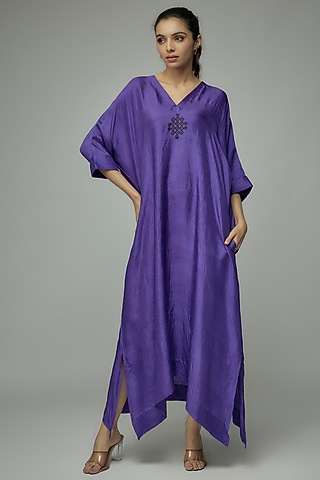 Purple Pure Mulberry Silk Handspun Screen Printed Kimono Dress by INKPIKLE