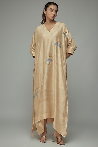 Sand Beige Pure Mulberry Silk Handspun Screen Printed Kimono Dress by INKPIKLE