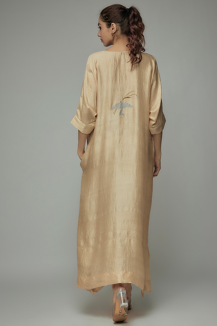 Sand Beige Pure Mulberry Silk Handspun Screen Printed Kimono Summer Dress by INKPIKLE at Pernia's Pop Up Shop