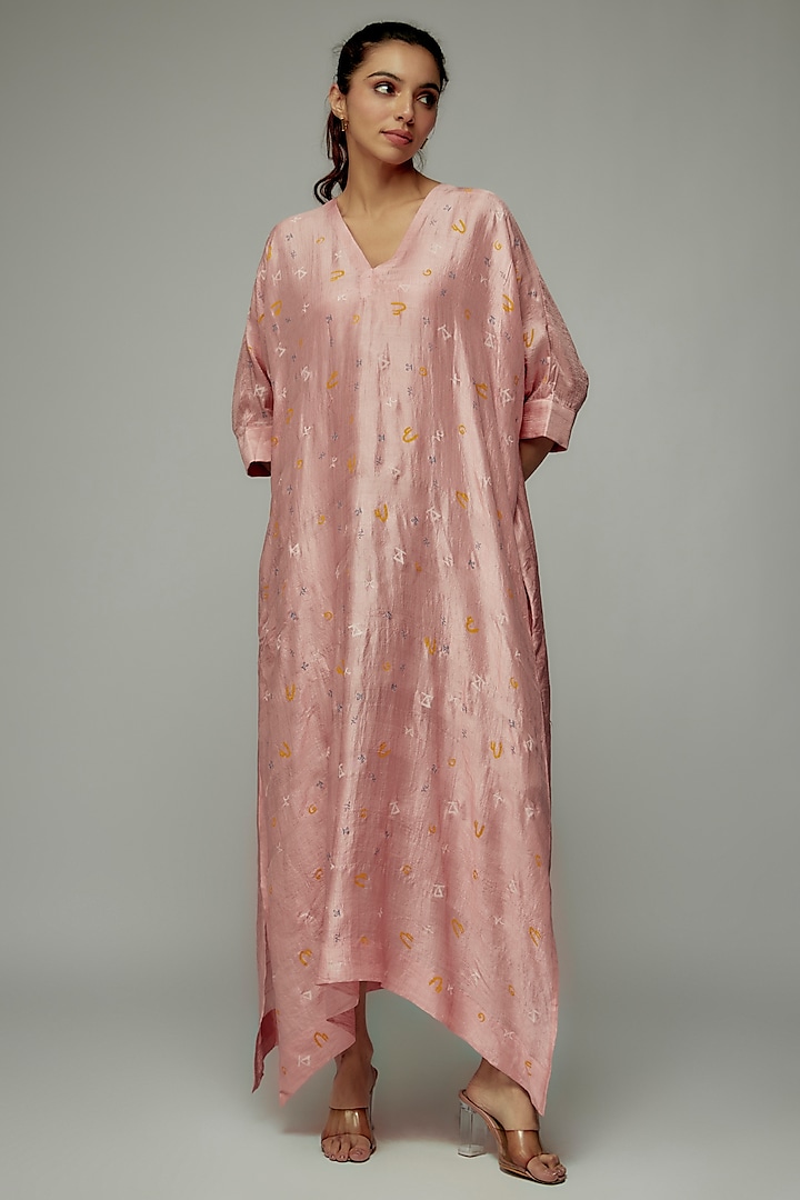 Pink Pure Mulberry Silk Handspun Hand-Printed Kimono Dress by INKPIKLE