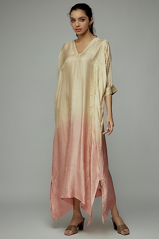 Gold Pure Mulberry Silk Handspun Screen Printed Ombre Kimono Dress by INKPIKLE