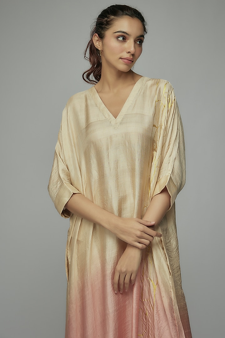 Gold Pure Mulberry Silk Handspun Screen Printed Ombre Kimono Summer Dress by INKPIKLE at Pernia's Pop Up Shop