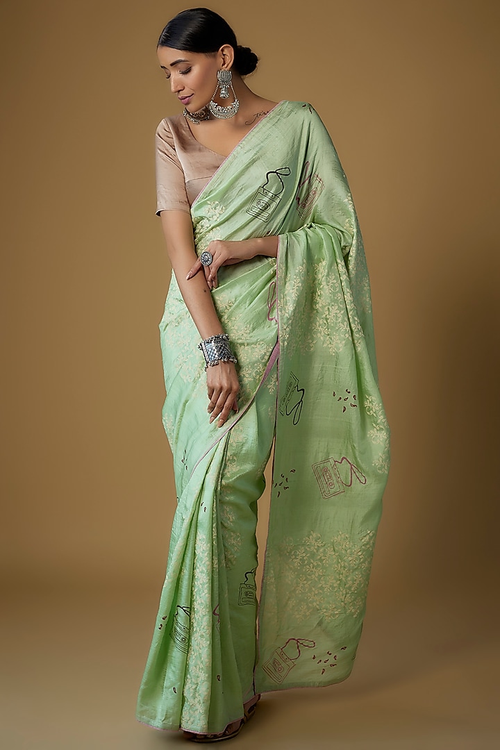 Green Handspun Mulberry Silk Printed Saree by INKPIKLE