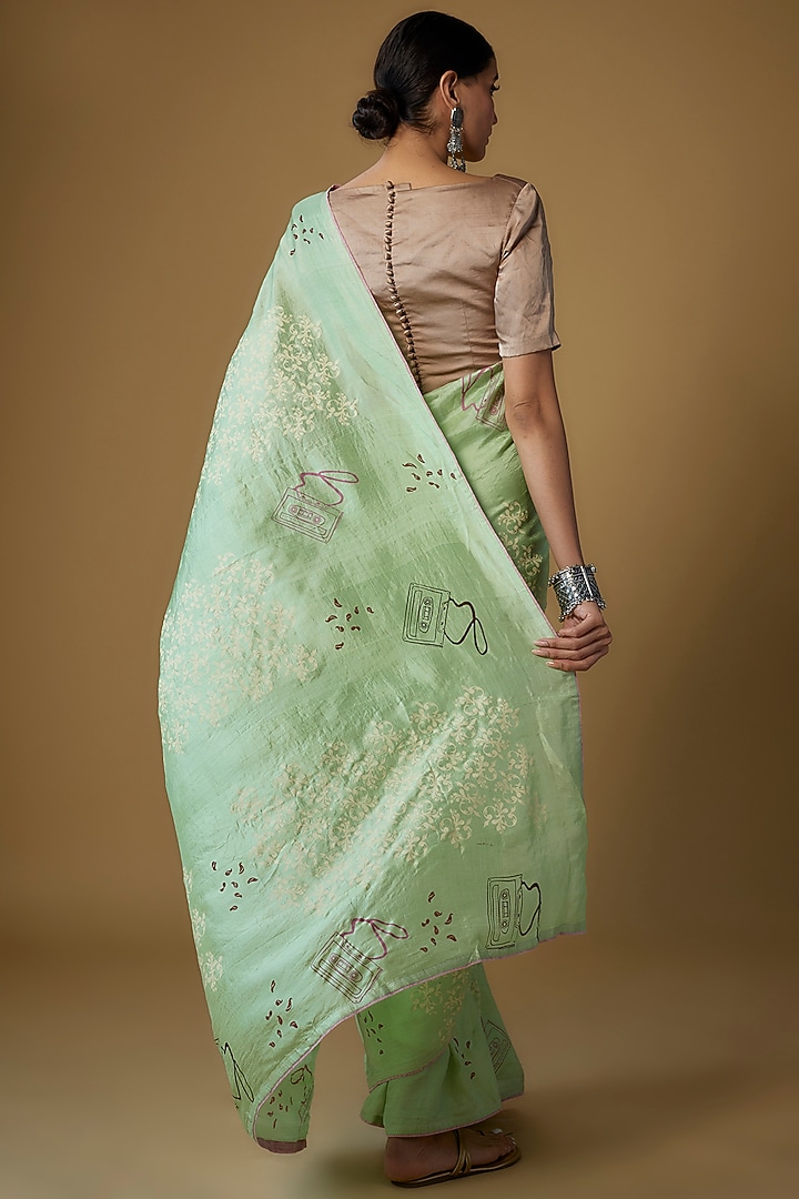 Green Handspun Mulberry Silk Printed Party Wear Saree by INKPIKLE at Pernia's Pop Up Shop