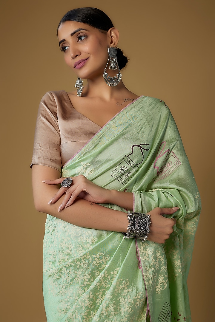 Green Handspun Mulberry Silk Printed Party Wear Saree by INKPIKLE at Pernia's Pop Up Shop