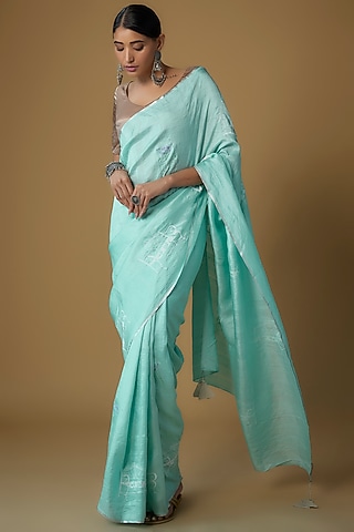 Blue Handspun Mulberry Silk Printed Saree by INKPIKLE