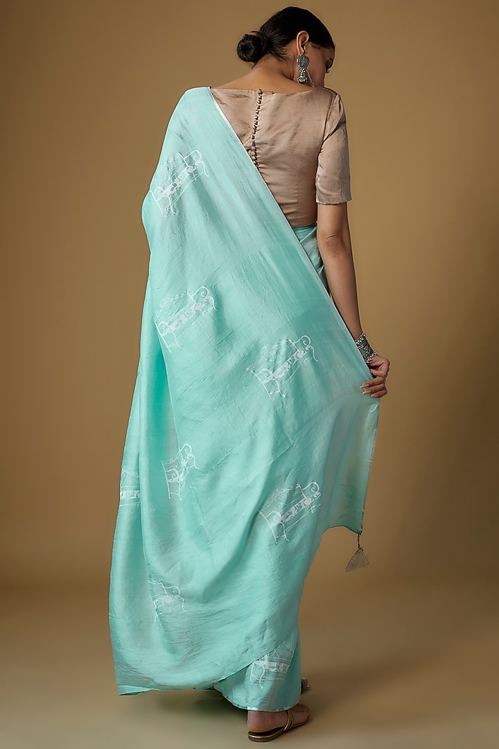 Blue Handspun Mulberry Silk Printed Party Wear Saree by INKPIKLE at Pernia's Pop Up Shop