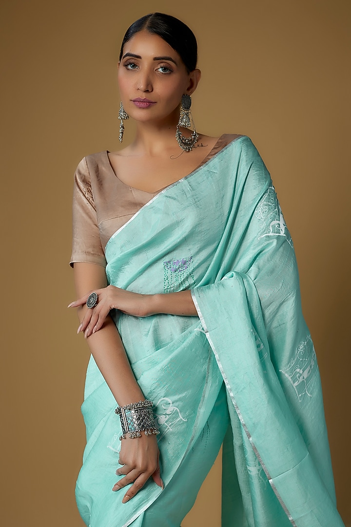 Blue Handspun Mulberry Silk Printed Party Wear Saree by INKPIKLE at Pernia's Pop Up Shop