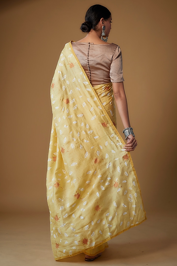 Yellow Handspun Mulberry Silk Printed Party Wear Saree by INKPIKLE at Pernia's Pop Up Shop