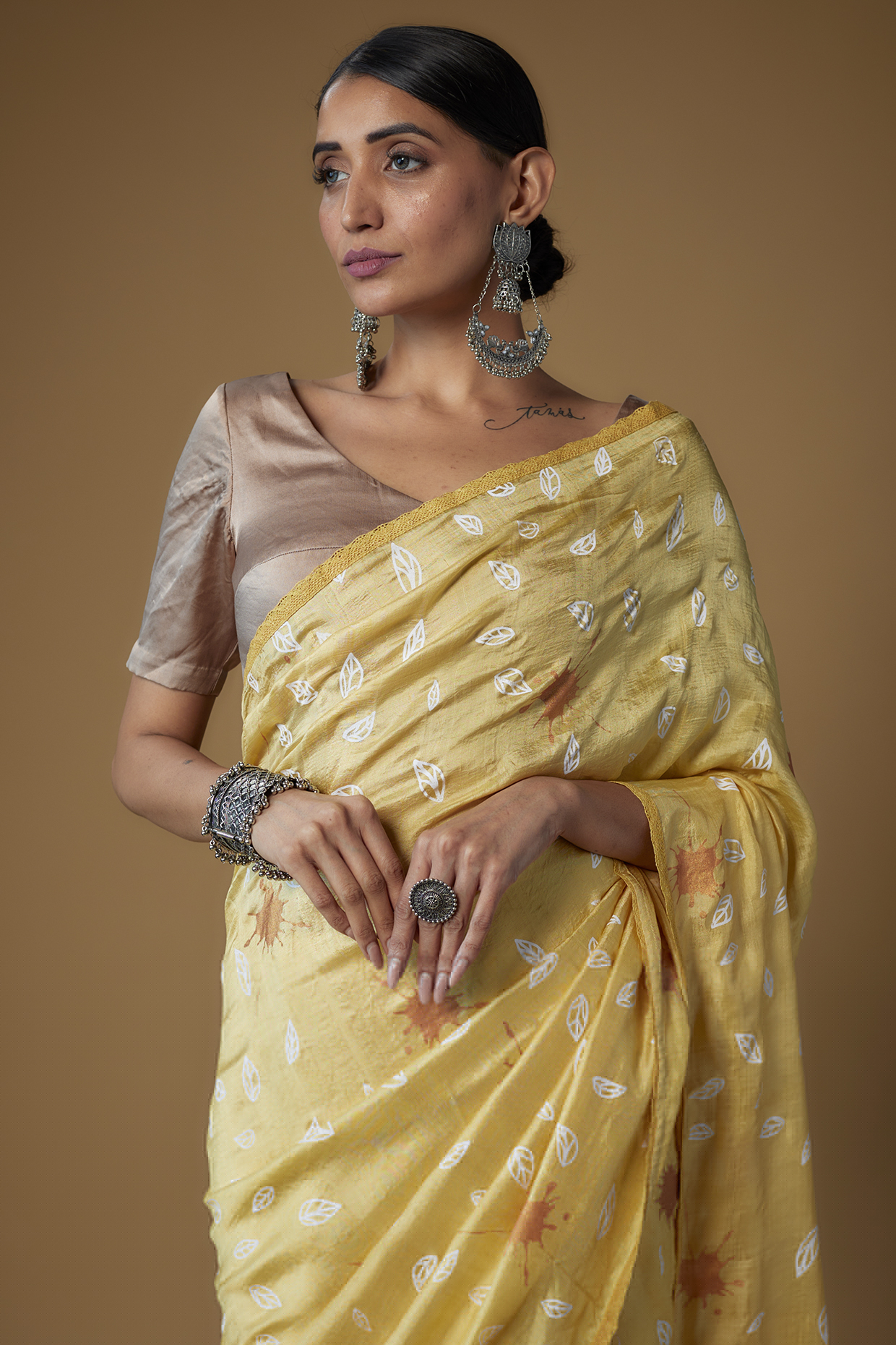 Yellow Handspun Mulberry Silk Printed Party Wear Saree by INKPIKLE at Pernia's Pop Up Shop