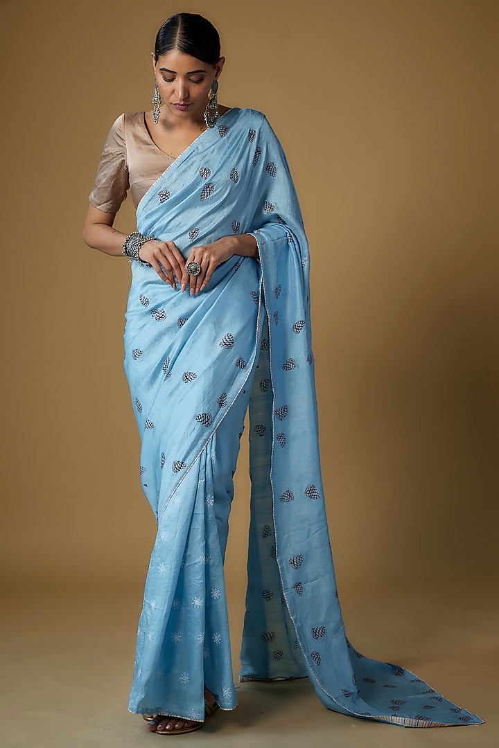 Blue Handspun Mulberry Silk Printed Saree by INKPIKLE