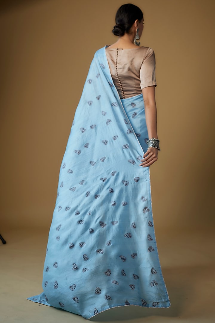 Blue Handspun Mulberry Silk Printed Party Wear Saree by INKPIKLE at Pernia's Pop Up Shop