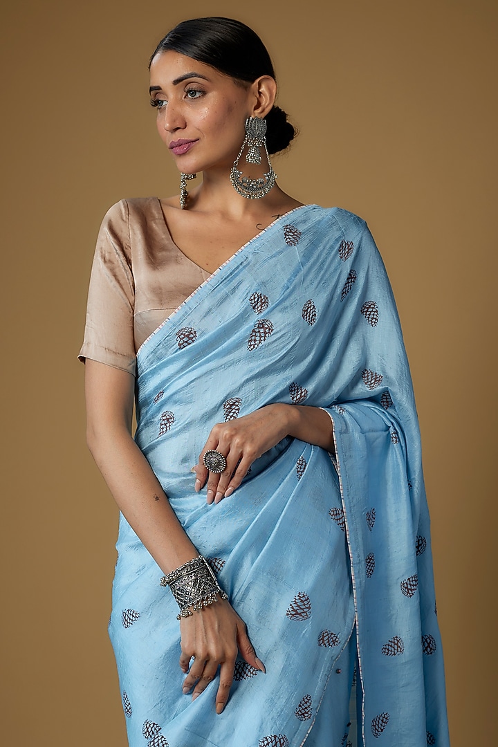 Blue Handspun Mulberry Silk Printed Party Wear Saree by INKPIKLE at Pernia's Pop Up Shop