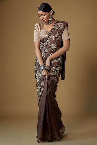 Brown Handspun Mulberry Silk Printed Saree by INKPIKLE