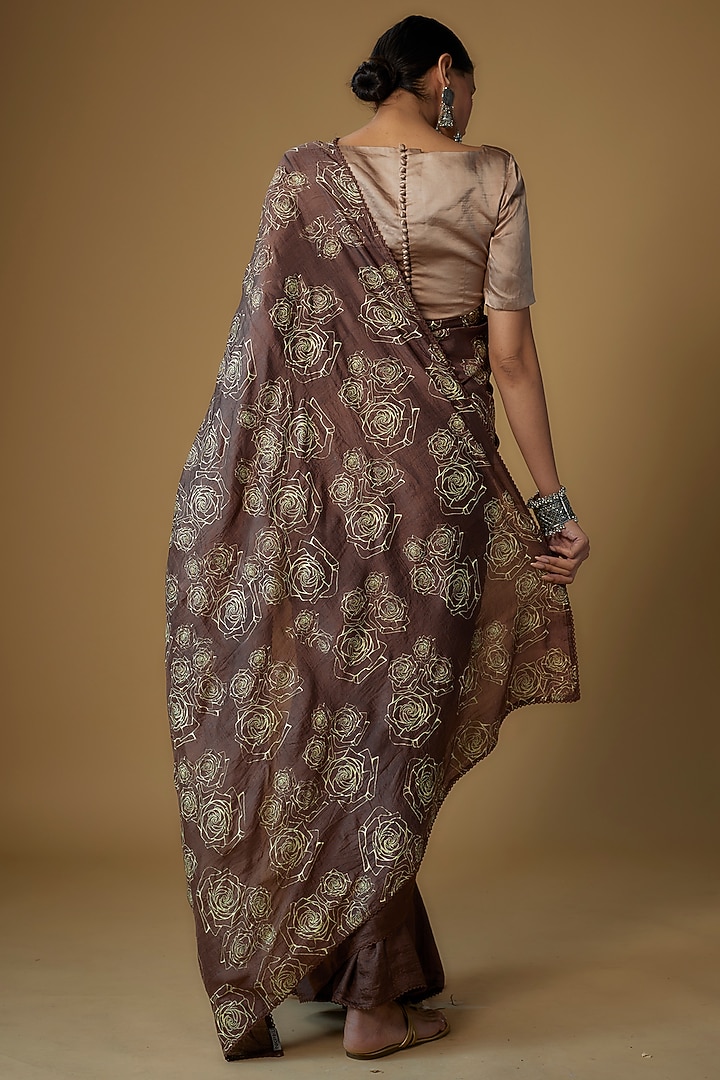 Brown Handspun Mulberry Silk Printed Party Wear Saree by INKPIKLE at Pernia's Pop Up Shop