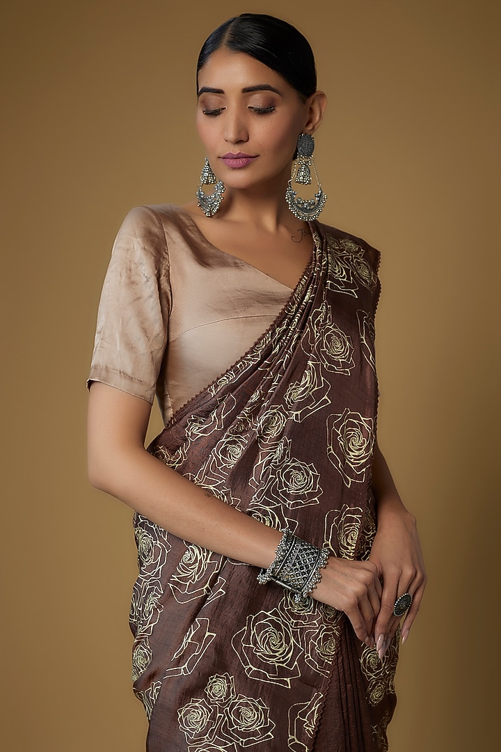 Brown Handspun Mulberry Silk Printed Party Wear Saree by INKPIKLE at Pernia's Pop Up Shop