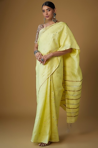 Yellow Handspun Mulberry Silk Printed Saree by INKPIKLE