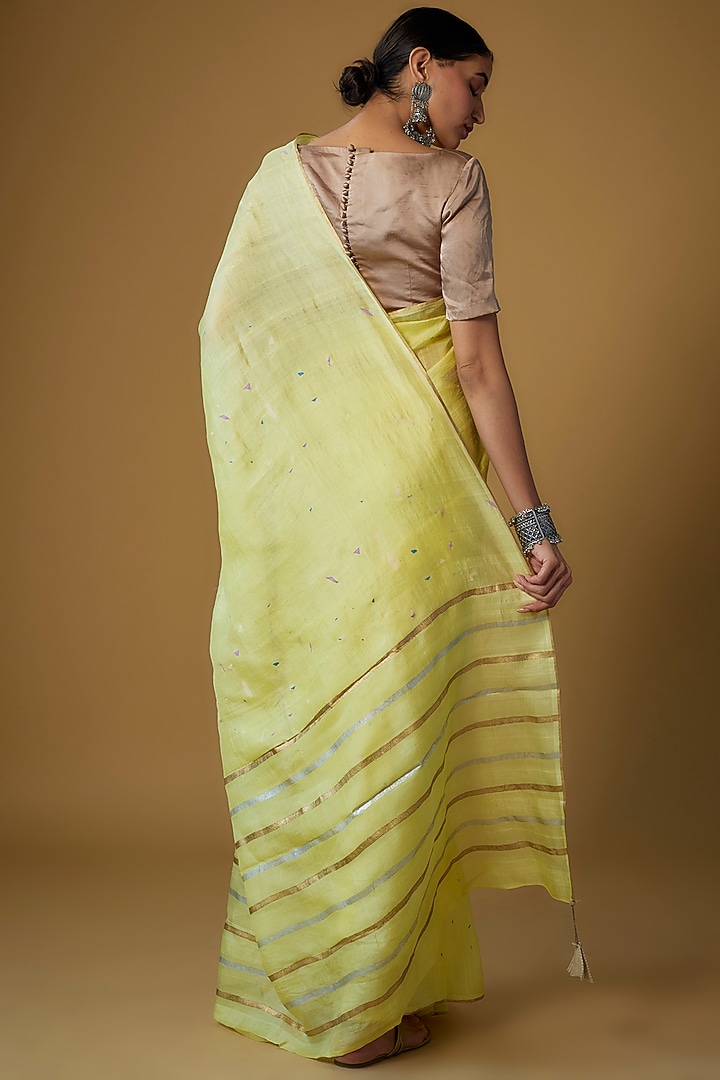 Yellow Handspun Mulberry Silk Printed Party Wear Saree by INKPIKLE at Pernia's Pop Up Shop