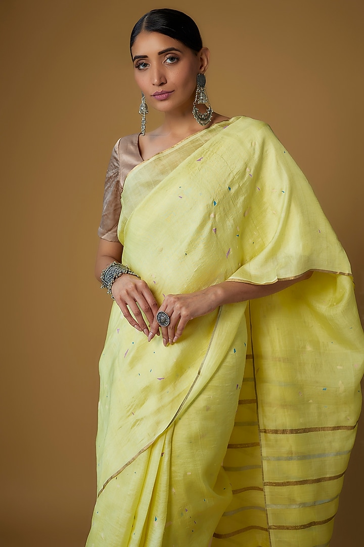 Yellow Handspun Mulberry Silk Printed Party Wear Saree by INKPIKLE at Pernia's Pop Up Shop