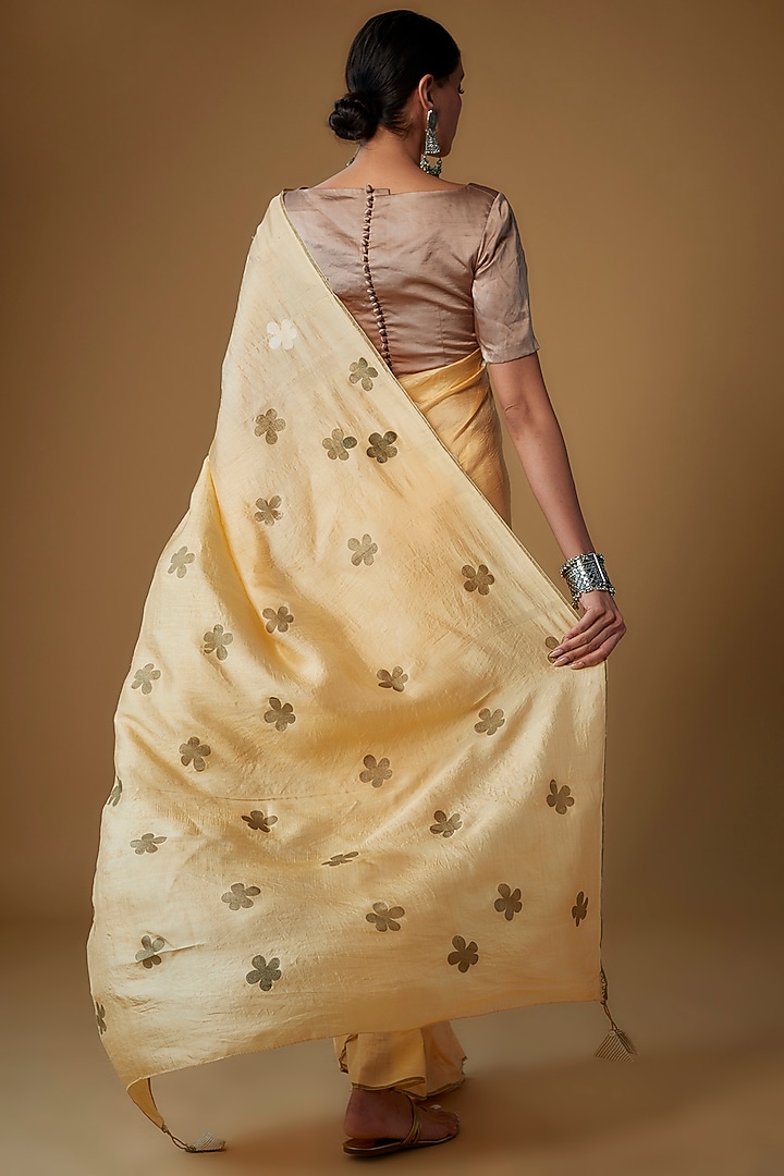 Beige Handspun Mulberry Silk Printed Party Wear Saree by INKPIKLE at Pernia's Pop Up Shop