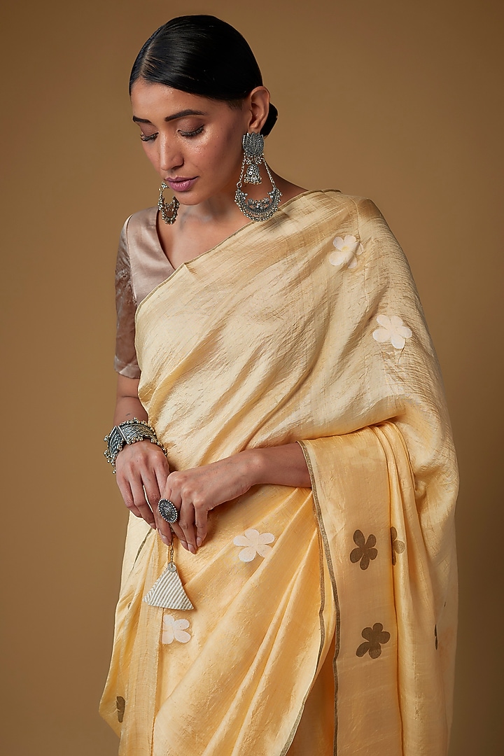 Beige Handspun Mulberry Silk Printed Party Wear Saree by INKPIKLE at Pernia's Pop Up Shop