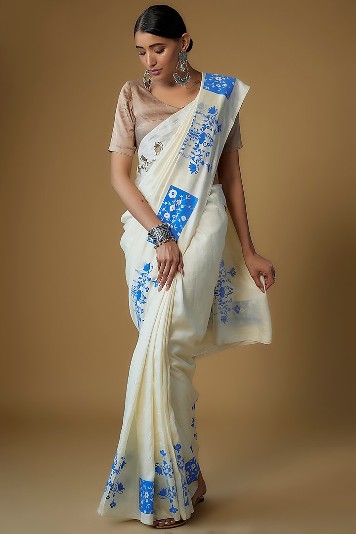Ivory Handspun Mulberry Silk Printed Saree by INKPIKLE