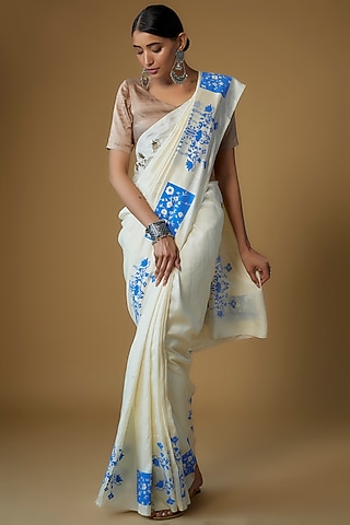 Ivory Handspun Mulberry Silk Printed Saree by INKPIKLE