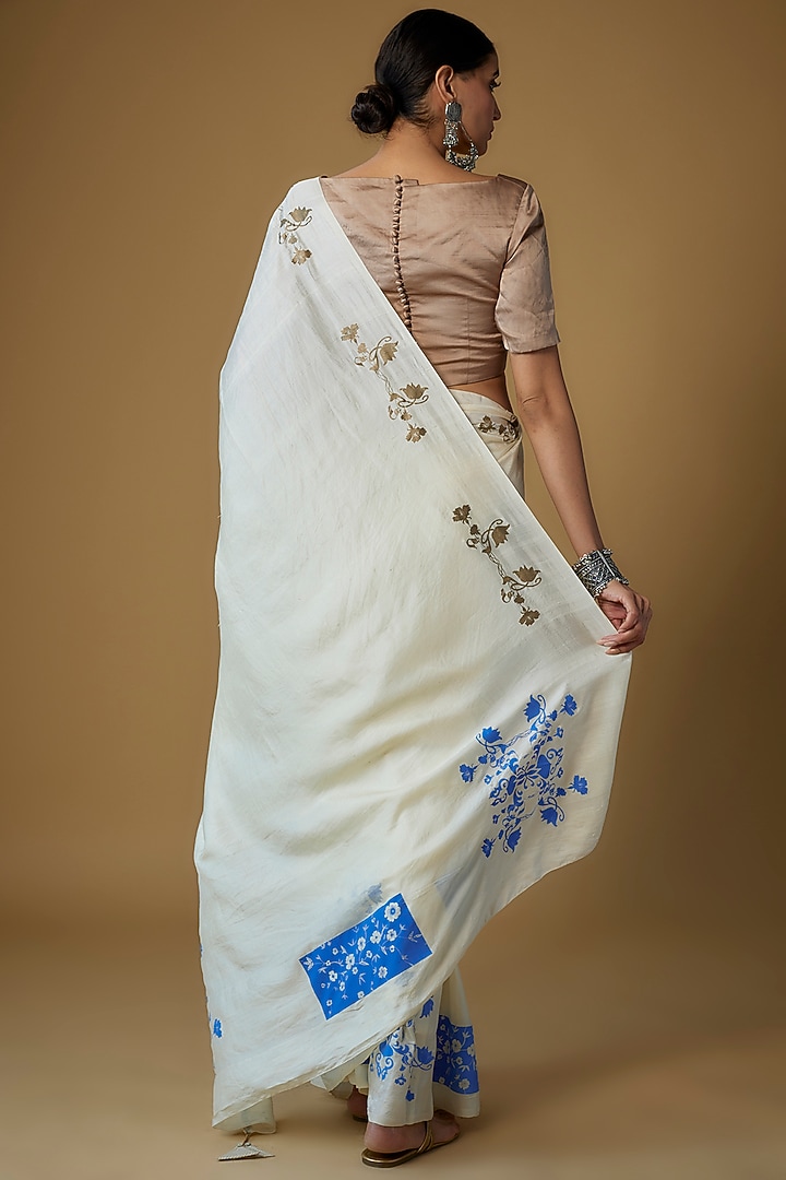 Ivory Handspun Mulberry Silk Printed Party Wear Saree by INKPIKLE at Pernia's Pop Up Shop
