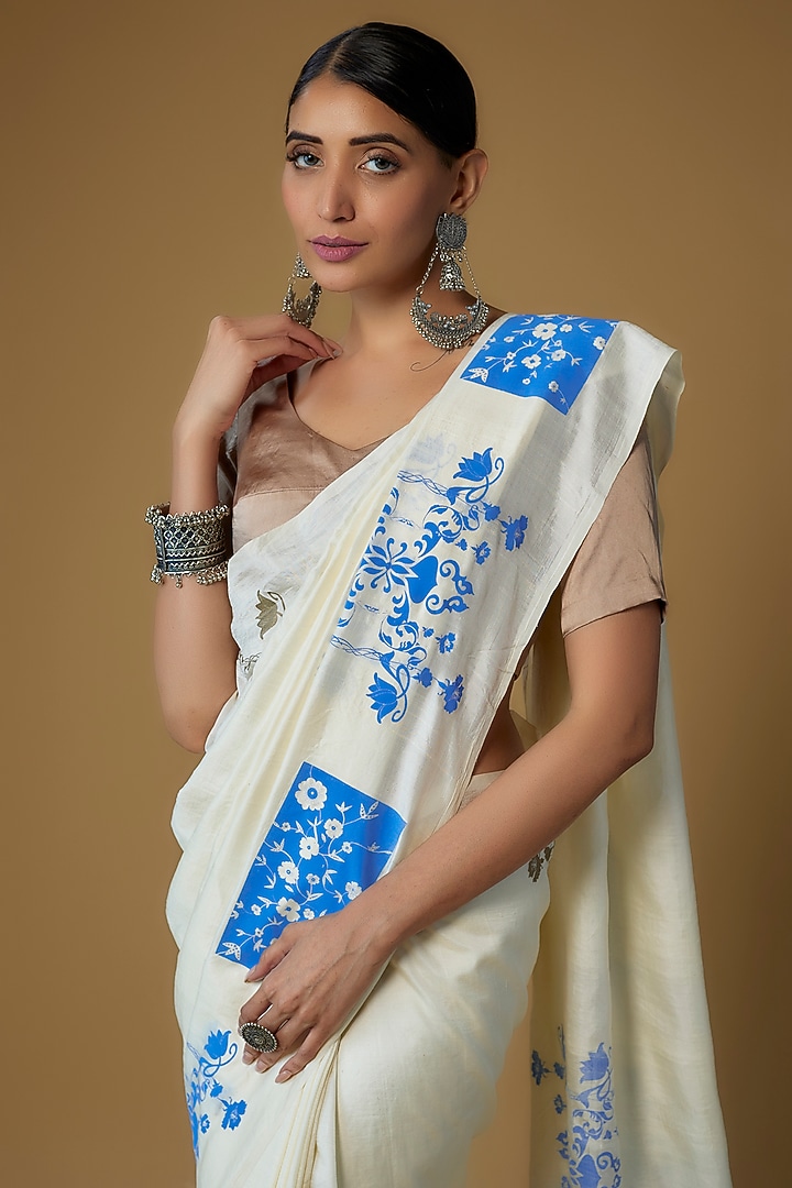 Ivory Handspun Mulberry Silk Printed Party Wear Saree by INKPIKLE at Pernia's Pop Up Shop