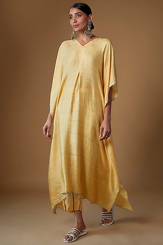 Yellow Handspun Mulberry Silk Kaftan Set by INKPIKLE