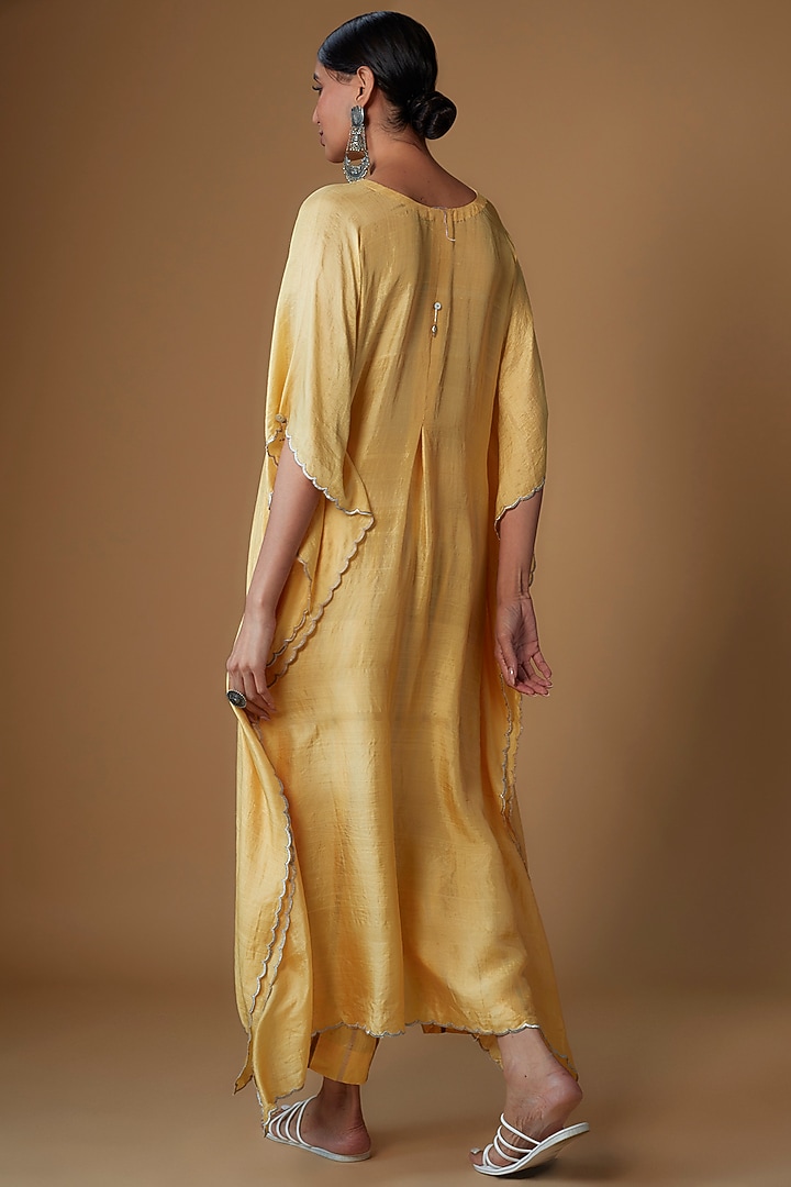 Yellow Handspun Mulberry Silk Kaftan Set by INKPIKLE at Pernia's Pop Up Shop