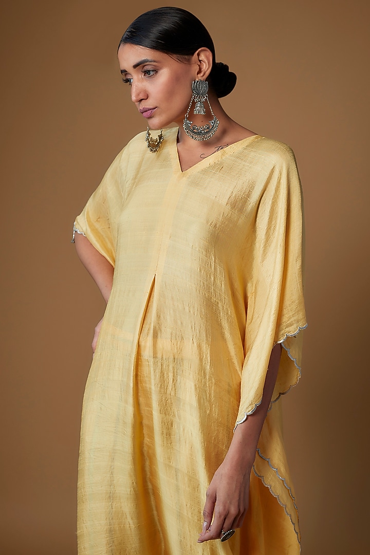 Yellow Handspun Mulberry Silk Kaftan Set by INKPIKLE at Pernia's Pop Up Shop