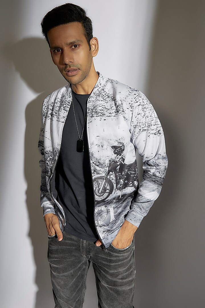 White Digital Printed Bomber Jacket by Inland