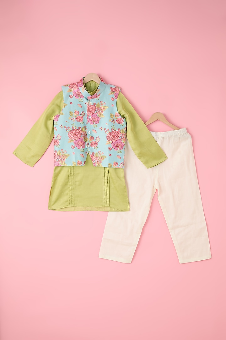 Green Silk Chanderi & Silk Floral Printed Jacket Set For Boys by Inspired Needleworks