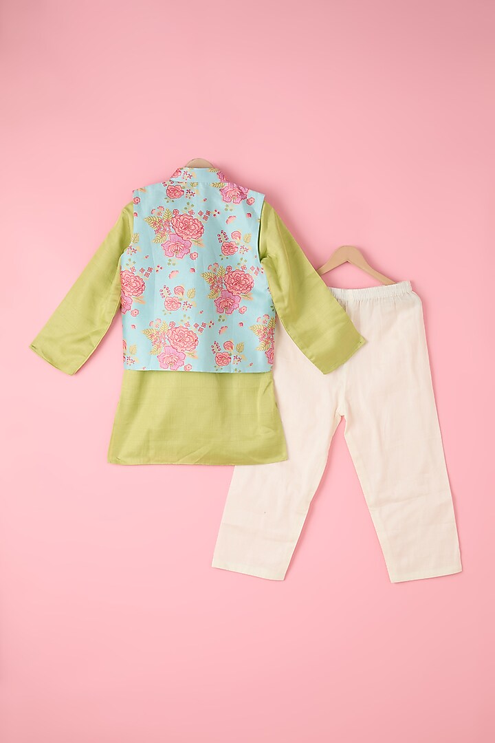 Green Silk Chanderi & Silk Floral Printed Jacket Set For Boys by Inspired Needleworks at Pernia's Pop Up Shop