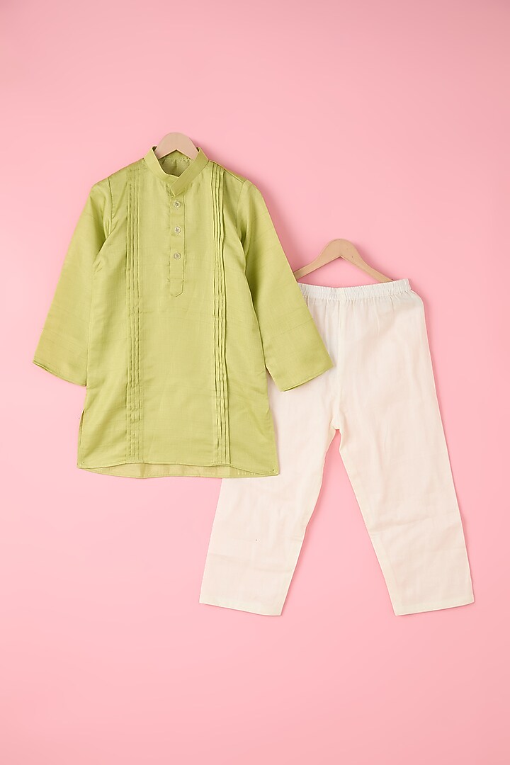 Green Silk Chanderi & Silk Floral Printed Jacket Set For Boys by Inspired Needleworks at Pernia's Pop Up Shop